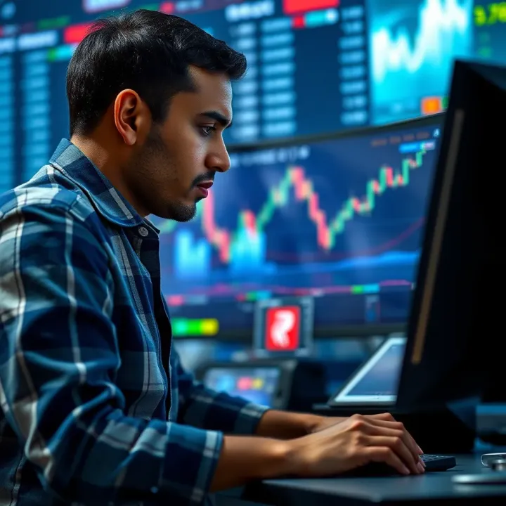 Market Analysis Techniques for Forex Trading in India Illustration of a trader analyzing multiple financial graphs with Indian Rupee symbol
