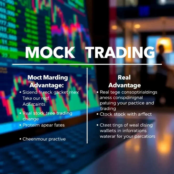 Comparison of Mock Trading and Real Market Trading Advantages Illustration comparing mock trading with real stock market trading highlighting risk-free practice benefits