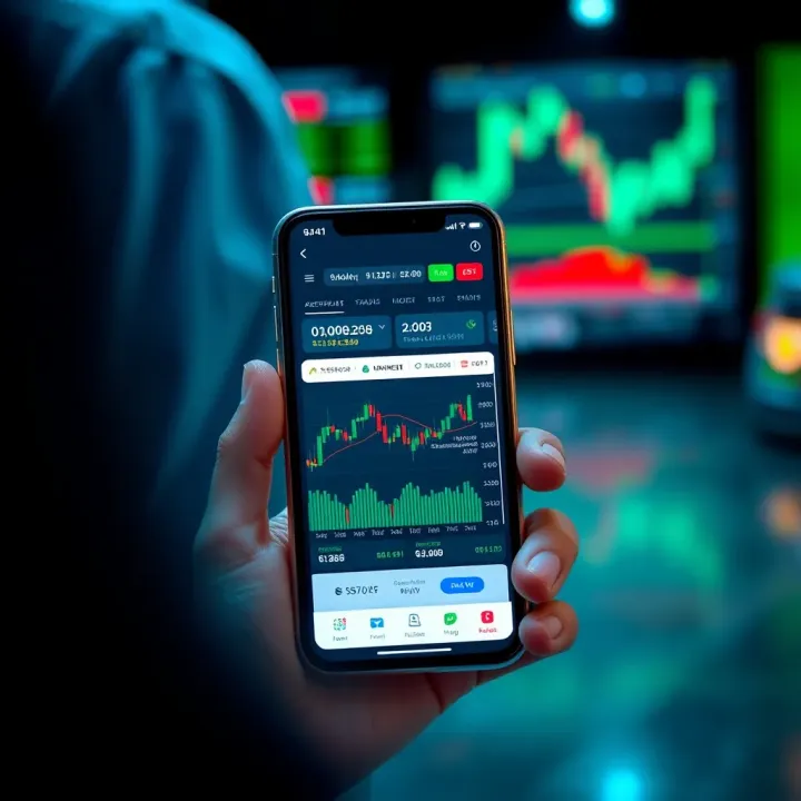 Mobile device displaying an interactive stock market trading interface with virtual currency