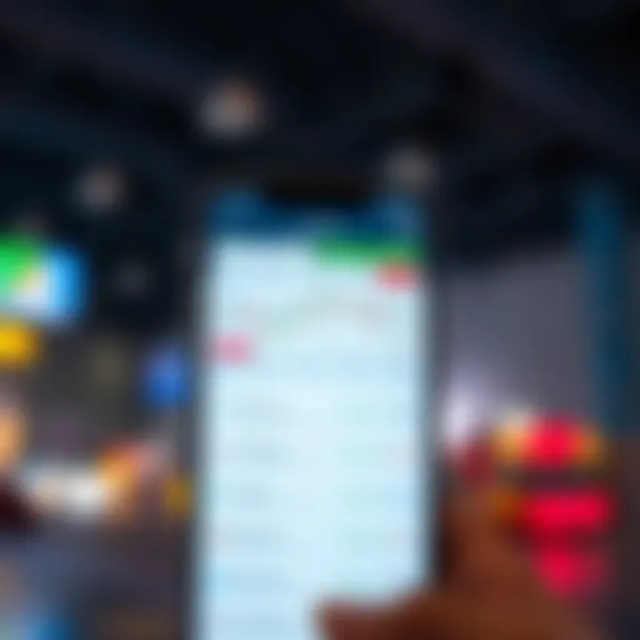 Mobile phone displaying a trading app interface with various stock charts and options