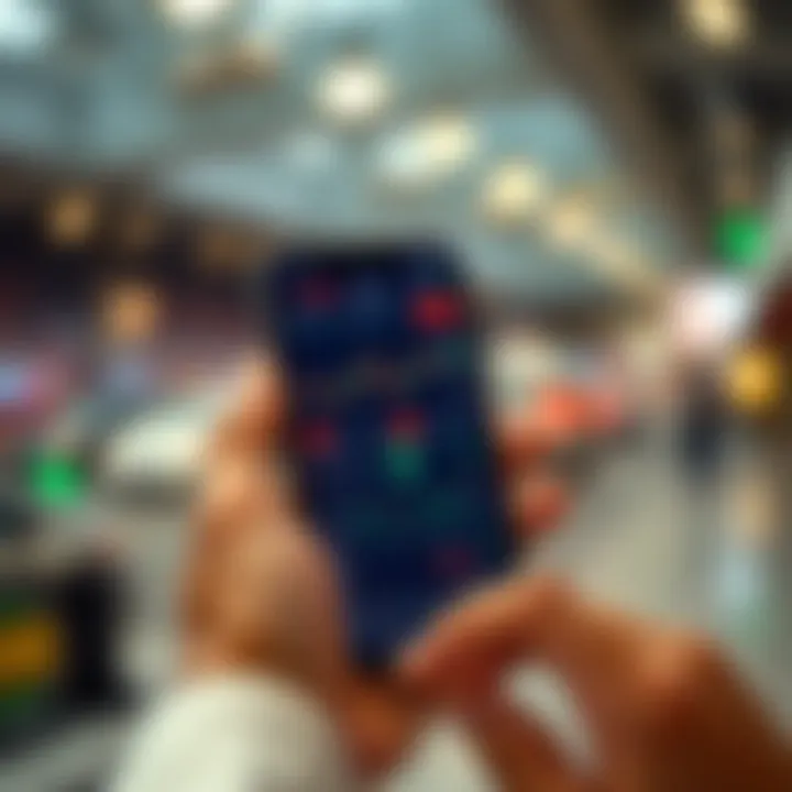 Options Trading App Interface with Market Insights Mobile phone displaying options trading app interface with charts and market data