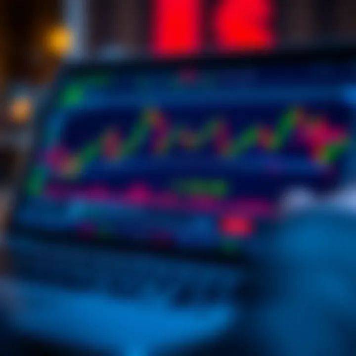 Close-up of a laptop screen displaying forex trading charts and regulatory compliance symbols