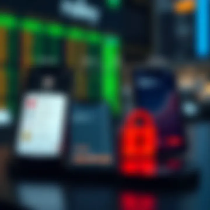 Comparison of trading app features, fees, and security icons on digital devices