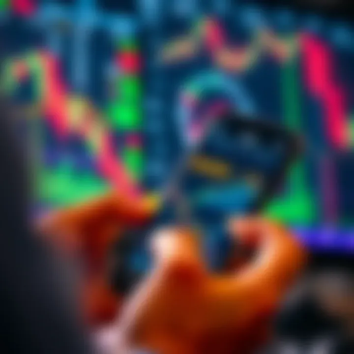 Mobile phone displaying various stock charts and trading indicators on screen