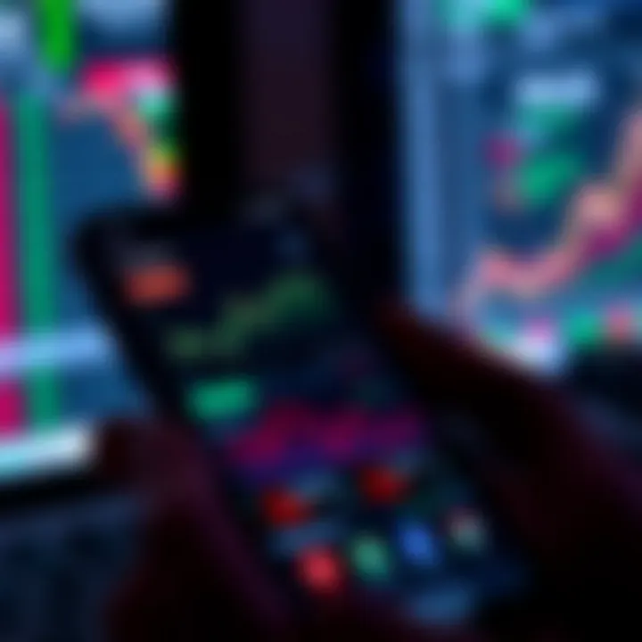 Smartphone displaying various trading app interfaces with charts and stock market data
