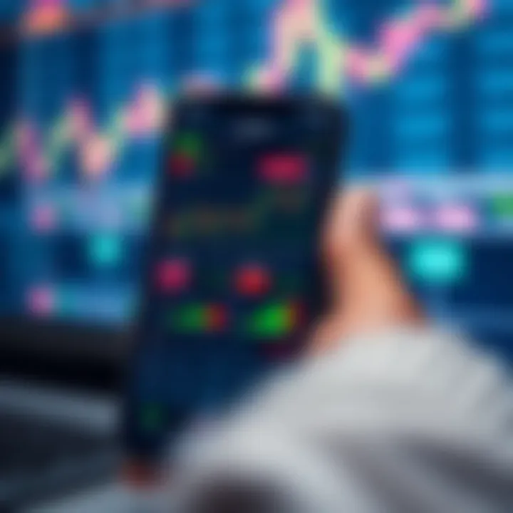 Mobile phone screen displaying various stock market charts and trading app interface