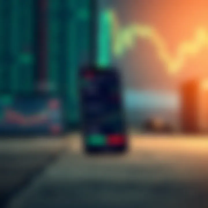 Illustration of a smartphone showcasing demo trading options with stock market graphs and educational prompts