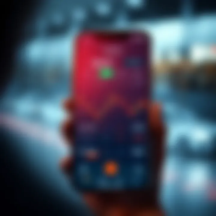 Mobile phone screen displaying a user interface of a trading app with charts and virtual portfolio balances