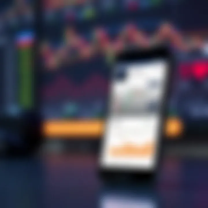 Illustration of a mobile phone displaying various stock market charts and graphs symbolizing trading app features