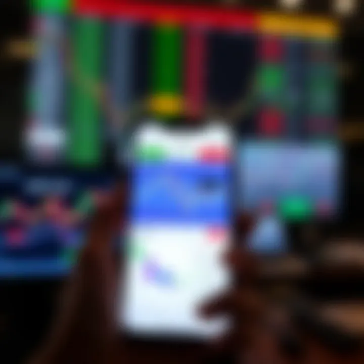 Mobile phone displaying a stock trading app interface with charts and stock prices visible