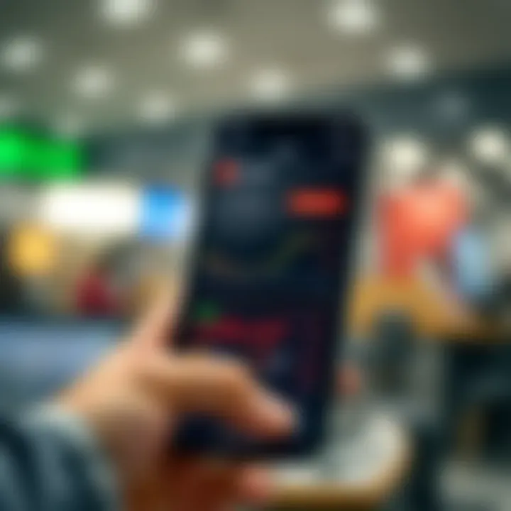 Mobile phone displaying stock trading app interface with charts and stock prices