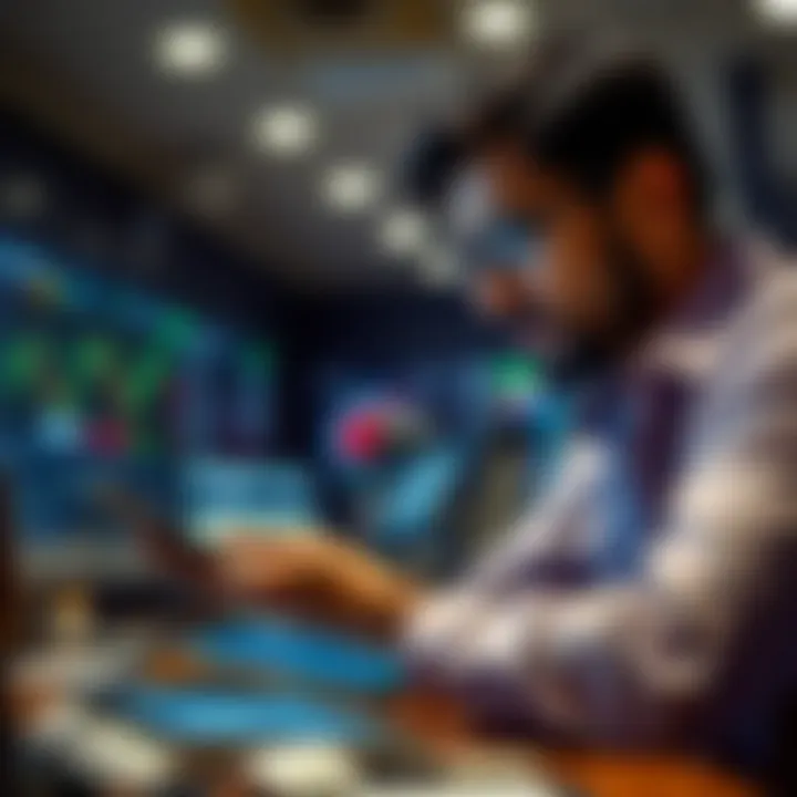 Illustration of trader analyzing brokerage plans on a digital device