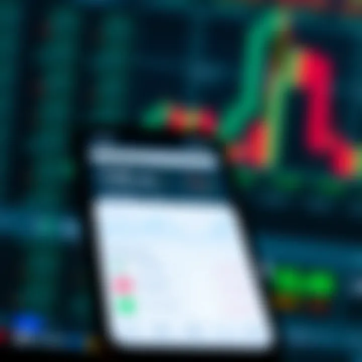 Mobile phone displaying a trading app interface with charts and investment options