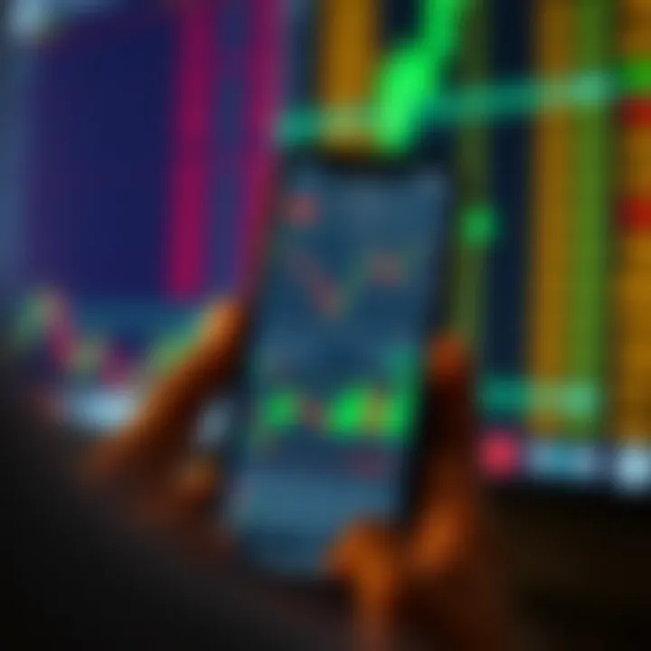Mobile phone displaying various stock charts and trading indicators