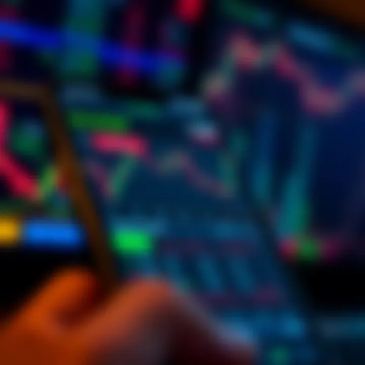 Mobile phone displaying a financial trading app interface with charts and stock market data