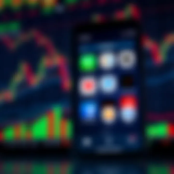 Mobile phone displaying various trading app icons with financial charts in the background