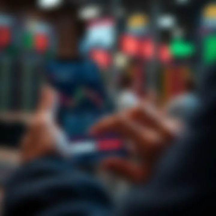 Navigating Trading Interface on a Mobile App User interacting with a mobile trading app showing candlestick charts and rapid trade options