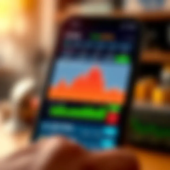 User interface displaying stock market charts and trading options on a mobile device