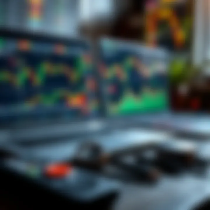 Collection of trading tools including laptop, financial graphs, and market data on screen