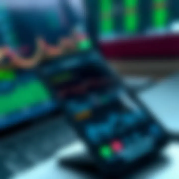 User interface displaying various trading features and market data on a smartphone screen