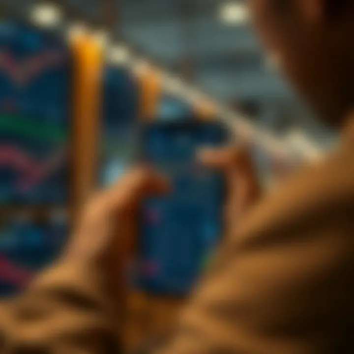 User interacting with a mobile trading platform showcasing stock charts and market data on a smartphone screen