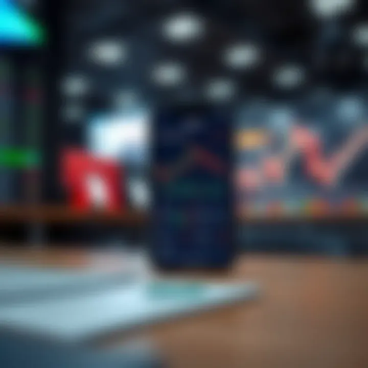 User Interface of an Online Trading Application in India Mobile phone displaying a trading app interface with charts and graphs representing market trends