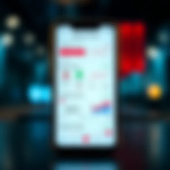 Mobile phone displaying an opinion trading app interface with various user insights and market data visuals