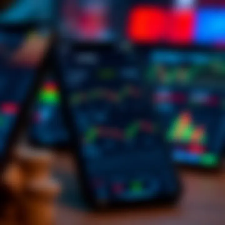 Mobile screen displaying a comprehensive trading dashboard with charts and financial data
