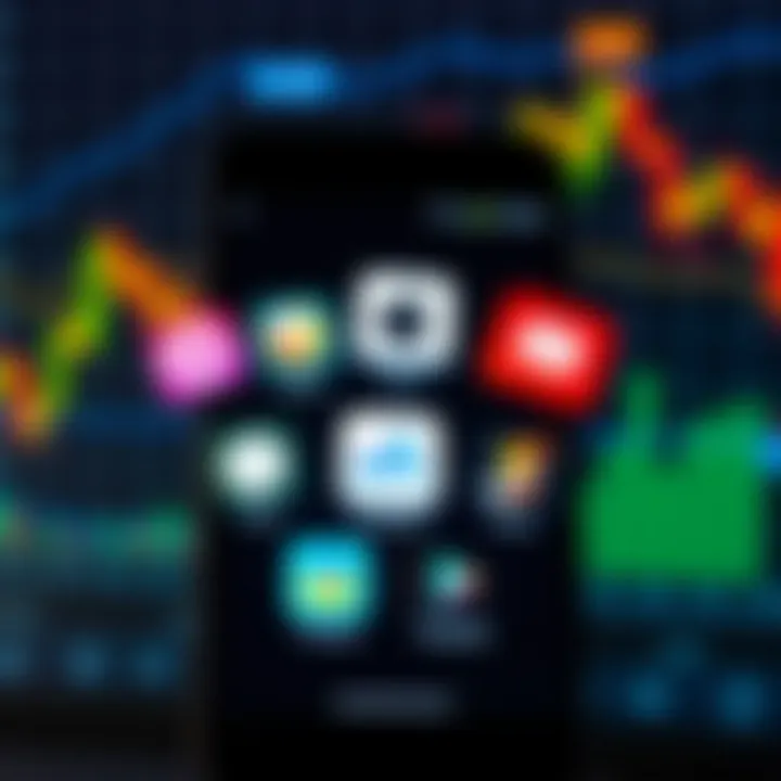 Collection of popular trading app icons on a smartphone screen against a digital financial background