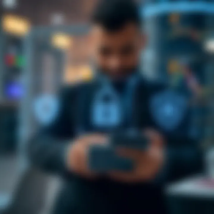 Secure mobile trading with encryption symbols and shield icons representing data protection and secure transactions