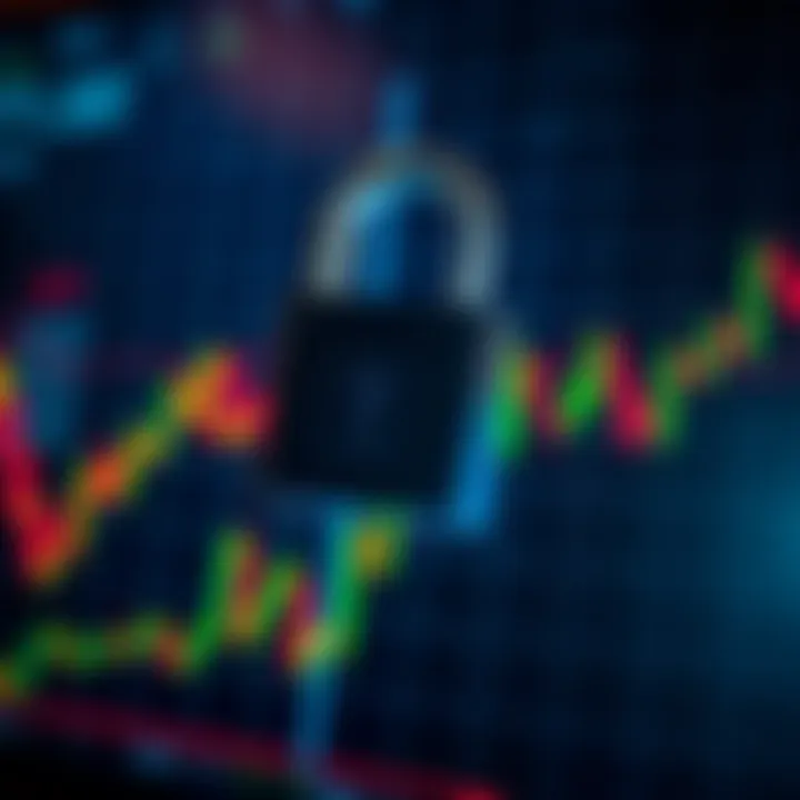Security Features Essential for Trading Applications Secure digital padlock overlaid on a stock market graph showing upward trends