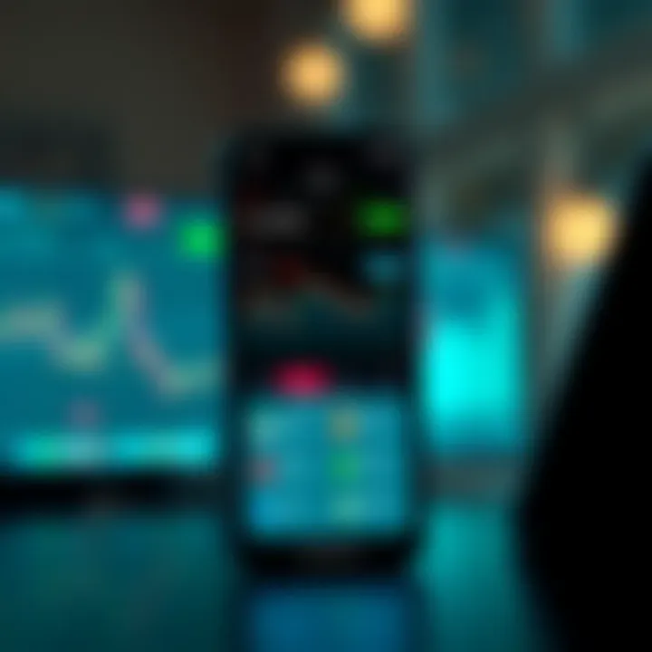 Illustration of a mobile phone displaying a stock trading app interface with graphs and buy/sell options