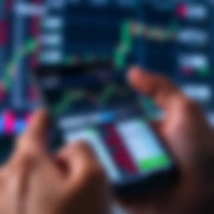 Mobile device displaying a binary trading application interface with charts and options