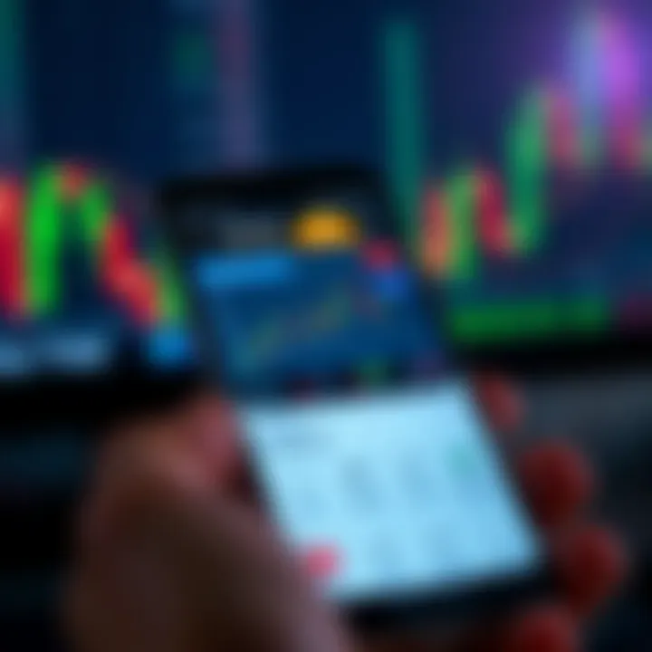 Mobile phone displaying forex trading app interface with charts, currency rates, and security icons