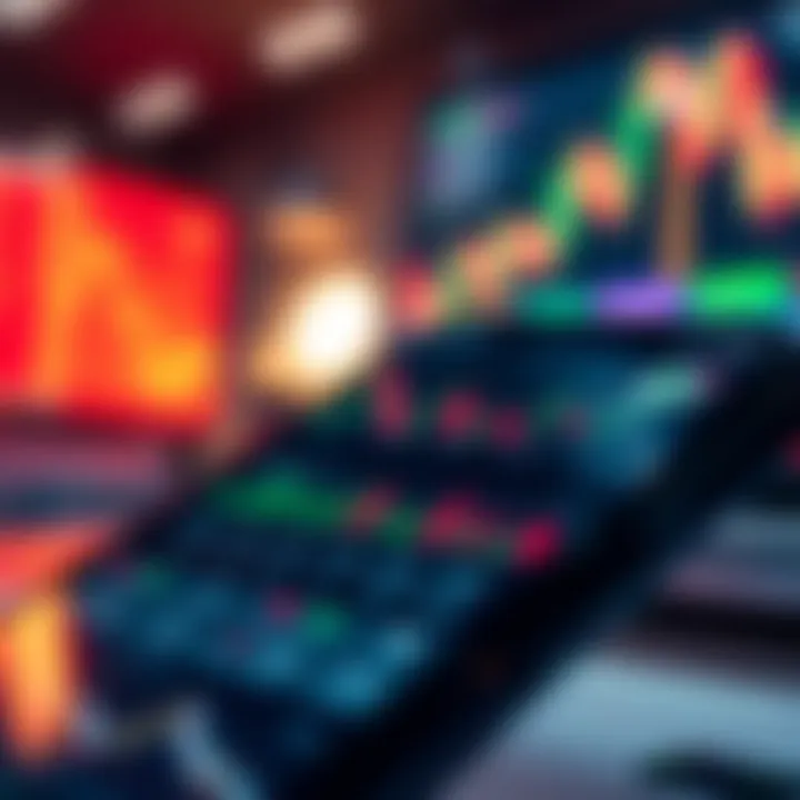 Mobile device displaying a live trading app interface with real-time stock charts and market data