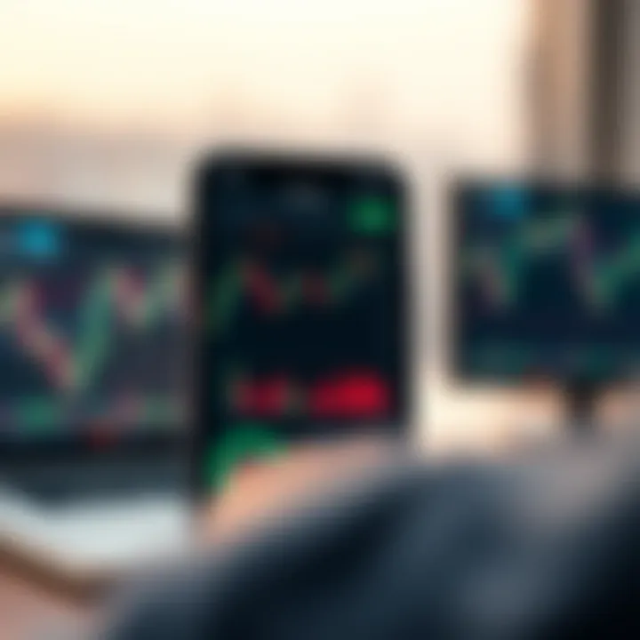 Illustration showing a mobile device displaying a trading app interface with charts and graphs, symbolizing mock trading practice.