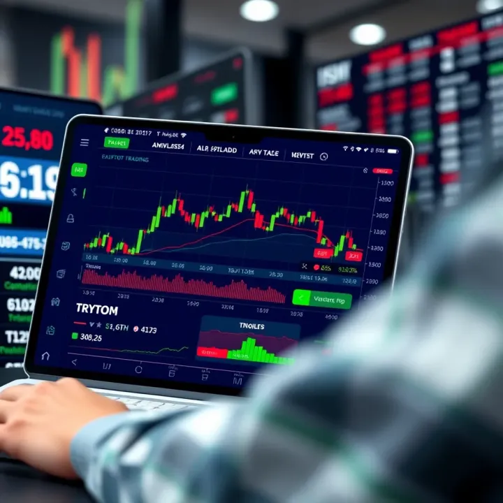 User interface of a paper trading app showing stock market simulation charts and trading options