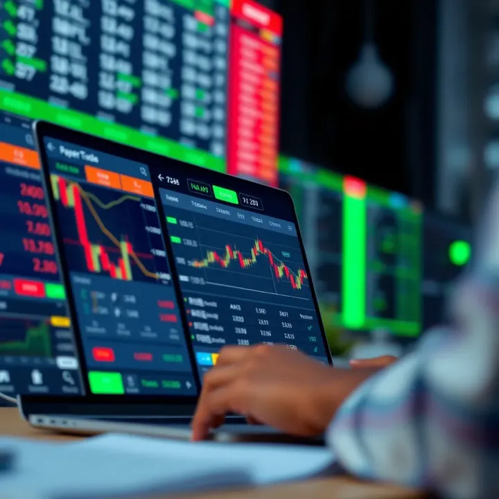 User interface of a paper trading app displaying market data and trading options