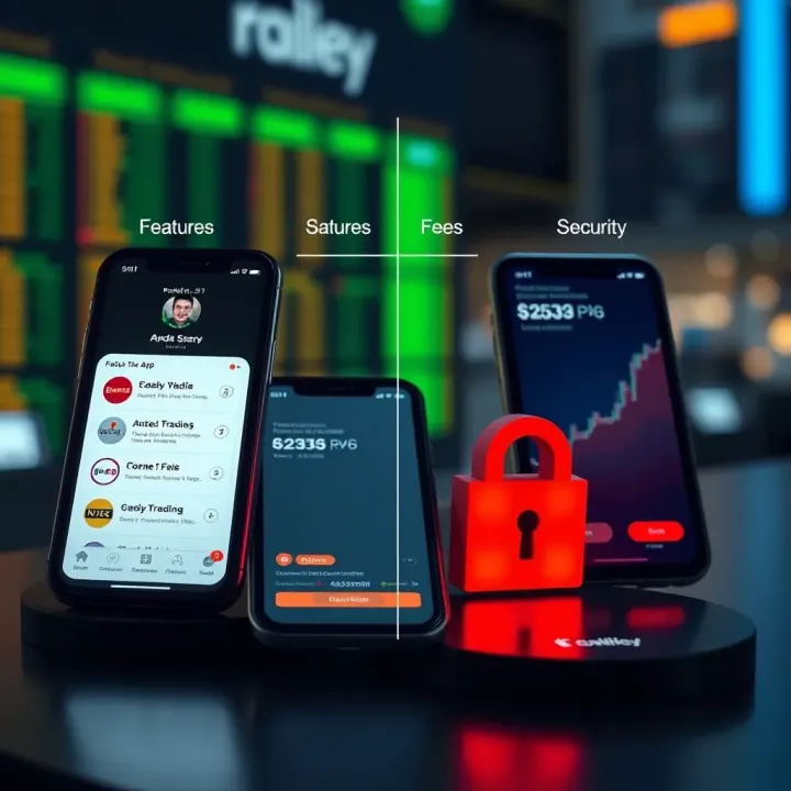Comparison of trading app features, fees, and security icons on digital devices