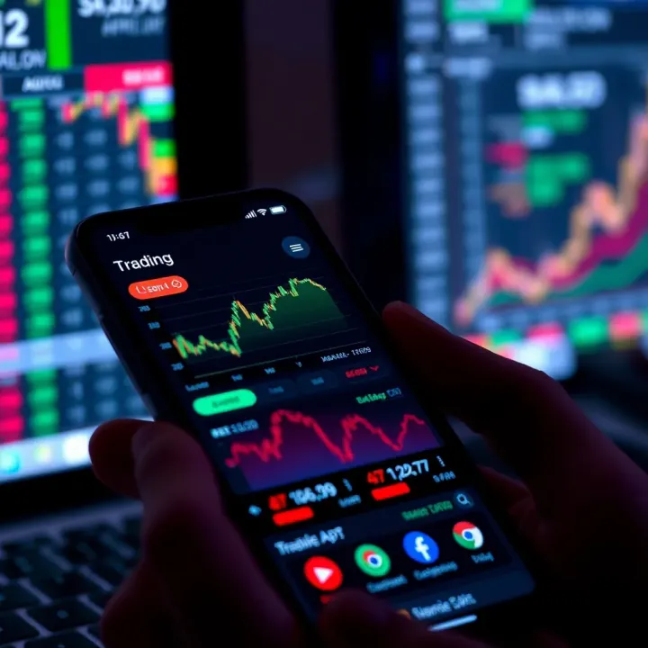 Smartphone displaying various trading app interfaces with charts and stock market data