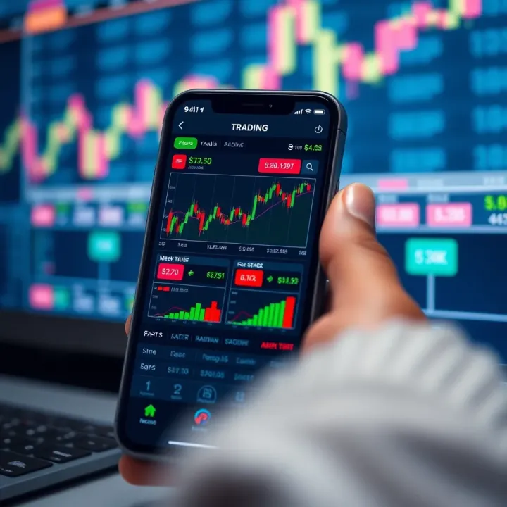 Mobile phone screen displaying various stock market charts and trading app interface