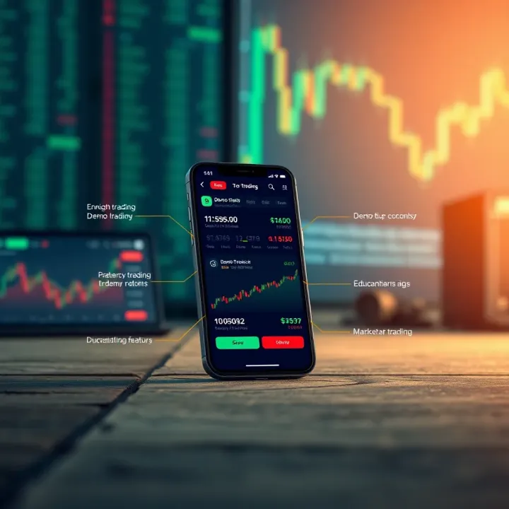 Illustration of a smartphone showcasing demo trading options with stock market graphs and educational prompts