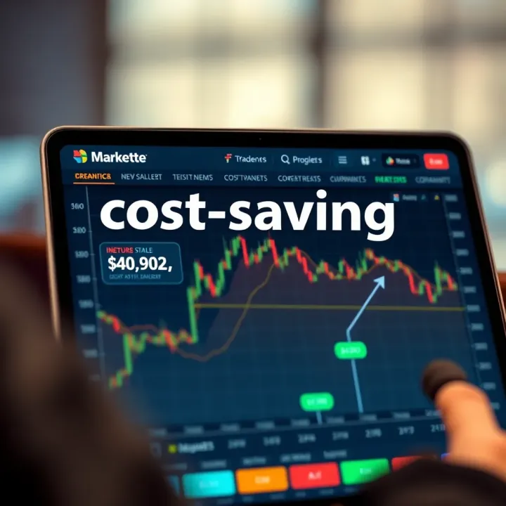 User interface showcasing cost-saving features on a trading application