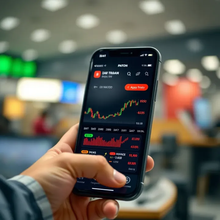 Mobile phone displaying stock trading app interface with charts and stock prices