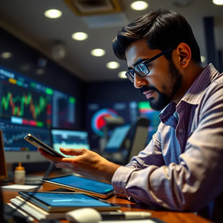 Illustration of trader analyzing brokerage plans on a digital device