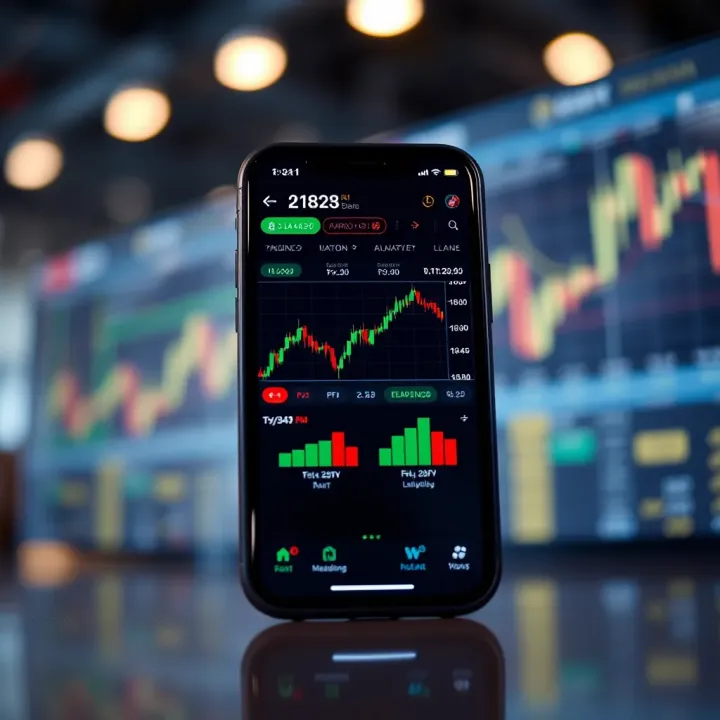 Mobile device displaying a trading app interface with charts and graphs