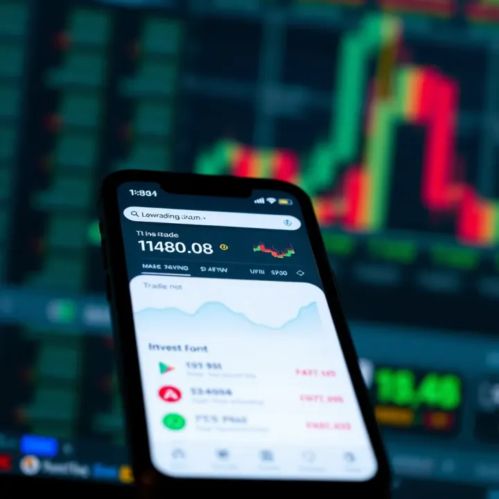 Mobile phone displaying a trading app interface with charts and investment options