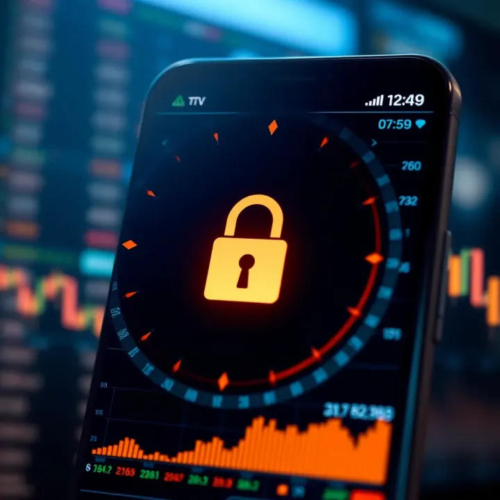Secure Interface and Data Protection in Mobile Trading App Secure mobile trading app interface showing padlock symbol and financial data