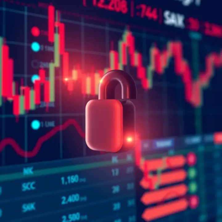 Lock icon overlay on digital stock market background symbolizing security and safety in online trading platforms