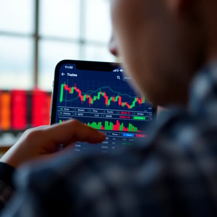 Mobile device showing user interface of a secure online trading application with market charts and trading options
